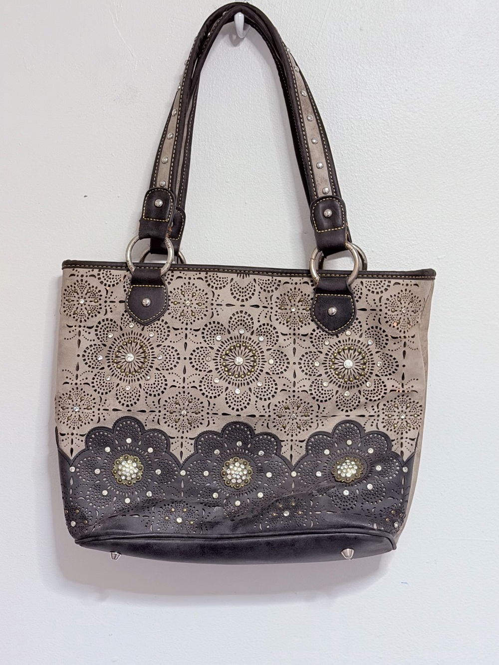 Montana West Biege and Dark Brown Floral Cutout Tote Bag